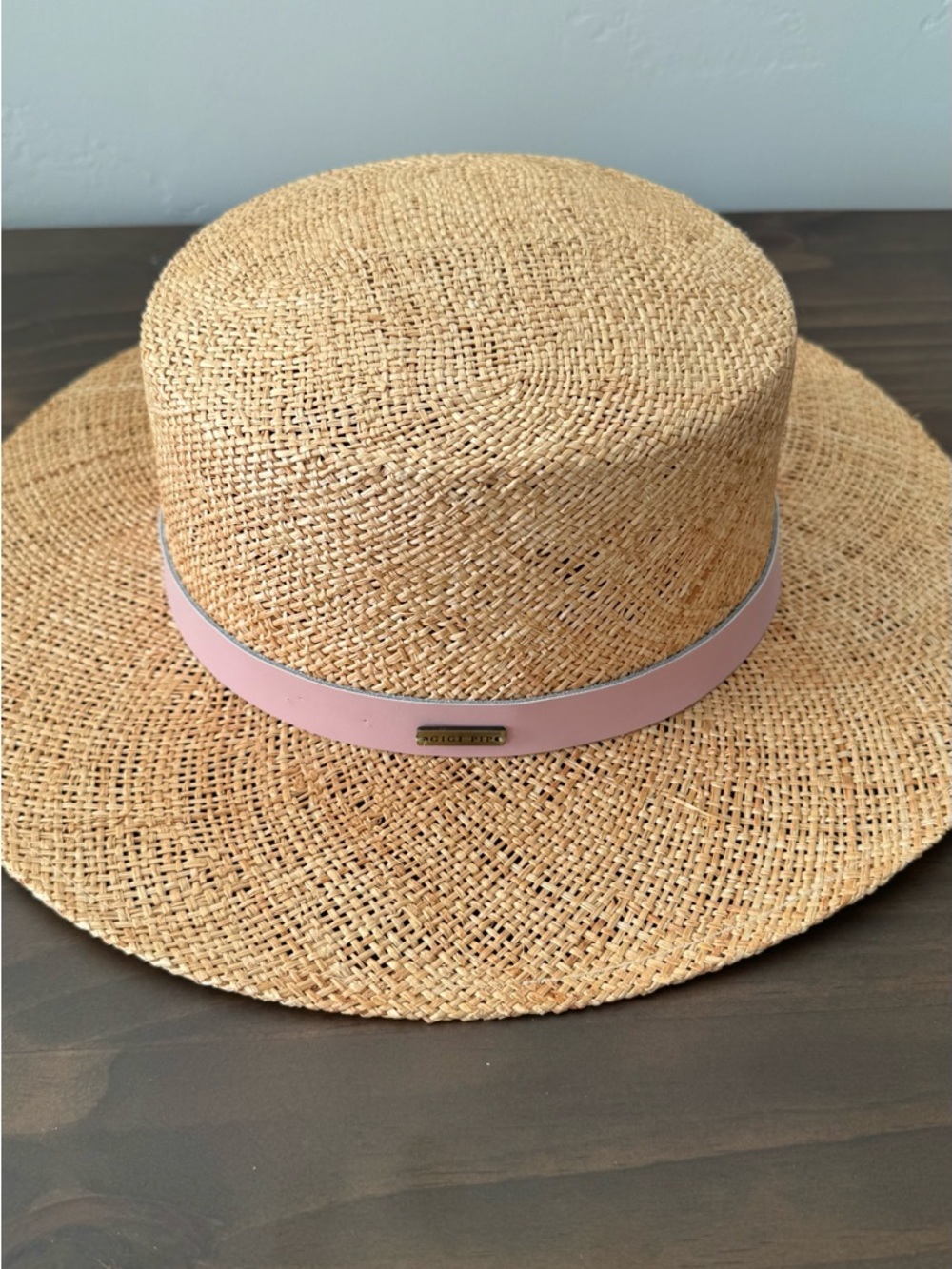 Woven Straw Sun Hat with Blush Leather Band. - Picture 2 of 13